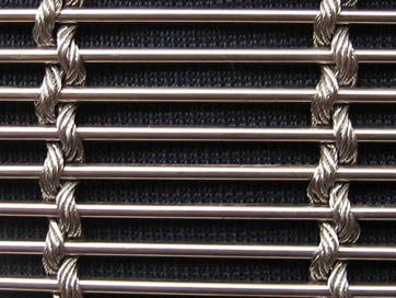 A piece of media metal mesh without LED, and two braided cable ropes crossing stainless steel rods, one is above the rod, and another is below the rod.